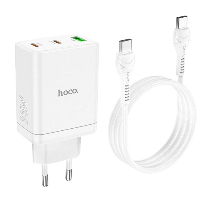 Ładowarka sieciowa Hoco 35W 2x USB-C + USB-A PD QC 3.0 + kabel USB-C 1m biała