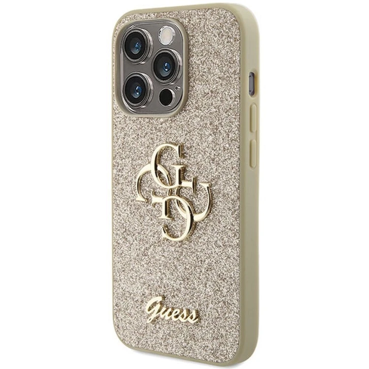 Etui Guess iPhone 15 Pro Fixed Glitter Big 4G Złote - Brokatowy Futerał