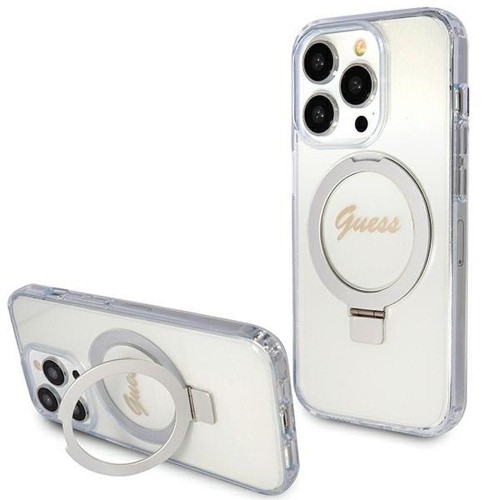Etui Guess iPhone 15 Pro Glitter Script Logo Ring Stand Transparentne - MagSafe