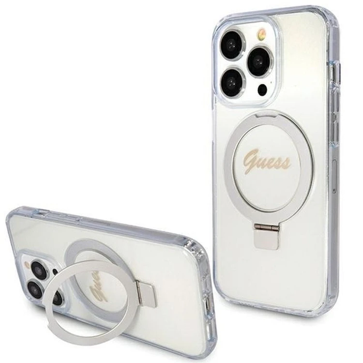 Etui Guess iPhone 15 Pro Glitter Script Logo Ring Stand Transparentne - MagSafe