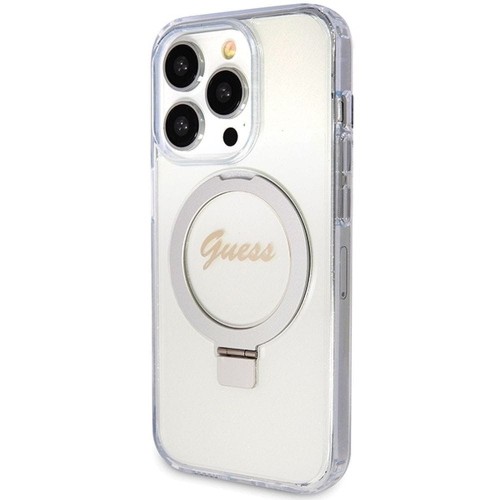 Etui Guess iPhone 15 Pro Glitter Script Logo Ring Stand Transparentne - MagSafe