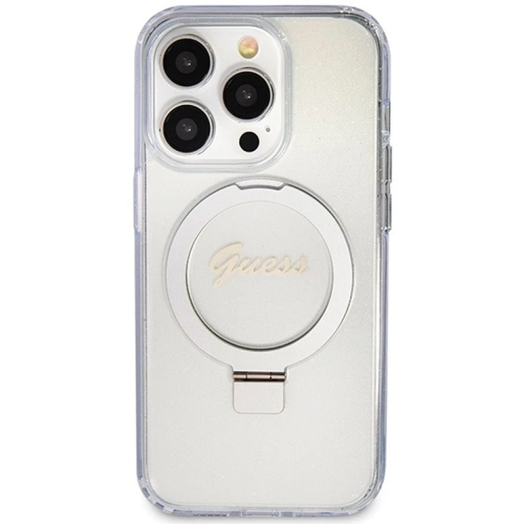 Etui Guess iPhone 15 Pro Glitter Script Logo Ring Stand Transparentne - MagSafe
