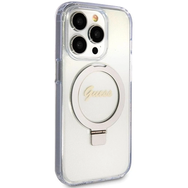 Etui Guess iPhone 15 Pro Glitter Script Logo Ring Stand Transparentne - MagSafe