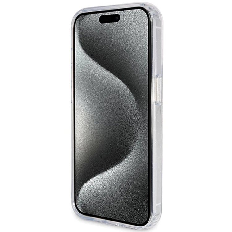 Etui Guess iPhone 15 Pro Glitter Script Logo Ring Stand Transparentne - MagSafe