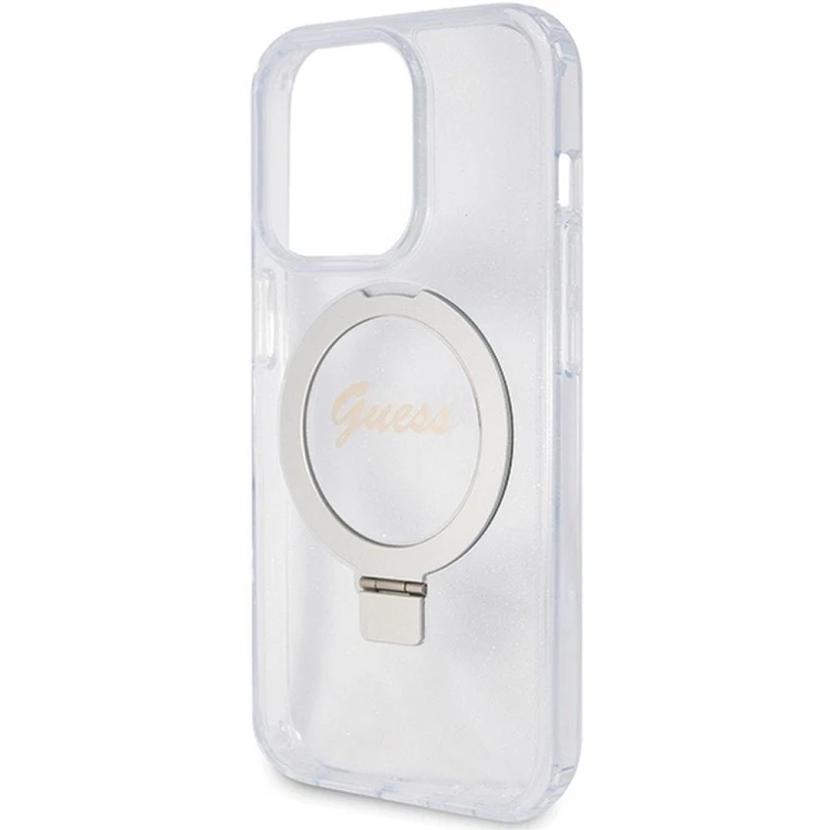 Etui Guess iPhone 15 Pro Glitter Script Logo Ring Stand Transparentne - MagSafe