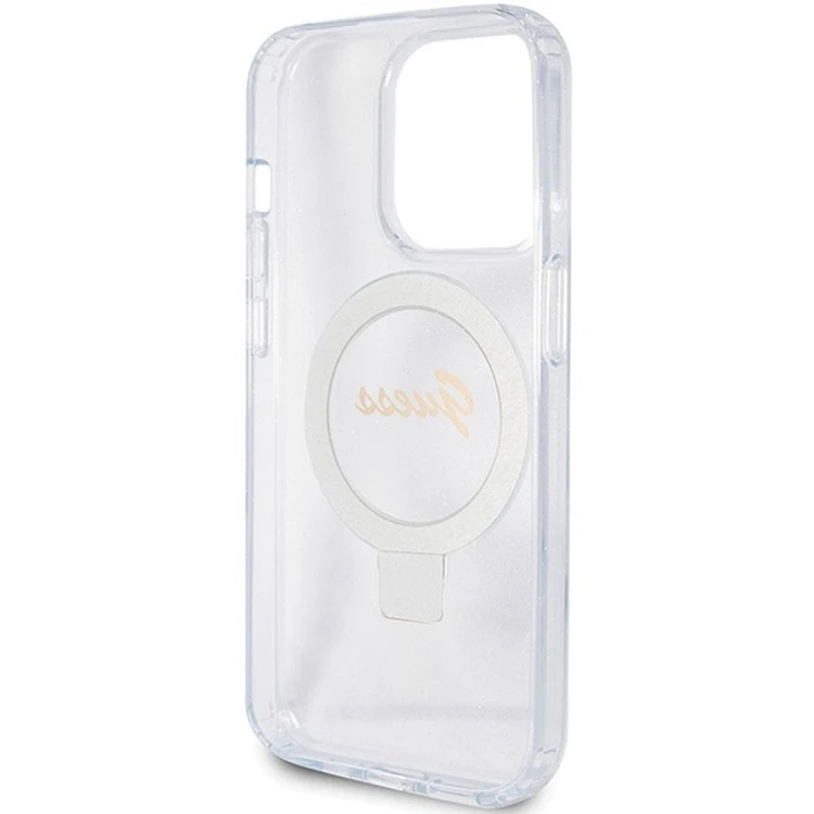 Etui Guess iPhone 15 Pro Glitter Script Logo Ring Stand Transparentne - MagSafe