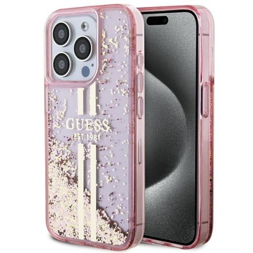 Etui Guess iPhone 15 Pro Liquid Glitter Gold Stripes Różowe - Płynny Brokat