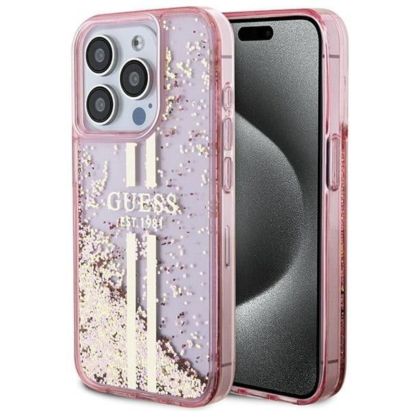 Etui Guess iPhone 15 Pro Liquid Glitter Gold Stripes Różowe - Płynny Brokat