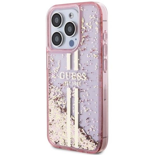 Etui Guess iPhone 15 Pro Liquid Glitter Gold Stripes Różowe - Płynny Brokat