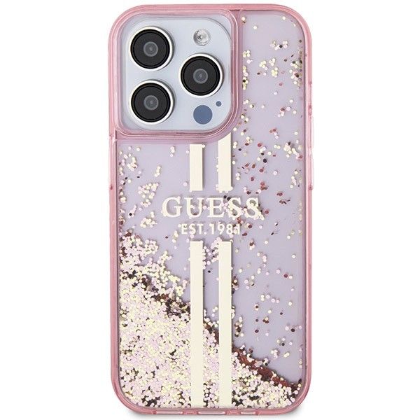 Etui Guess iPhone 15 Pro Liquid Glitter Gold Stripes Różowe - Płynny Brokat
