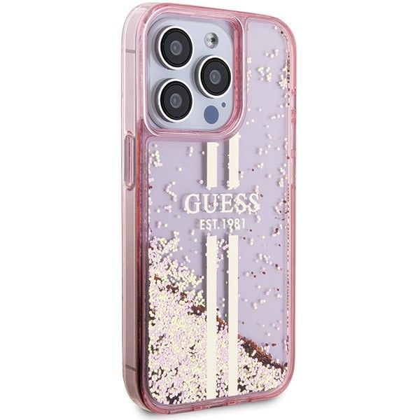 Etui Guess iPhone 15 Pro Liquid Glitter Gold Stripes Różowe - Płynny Brokat