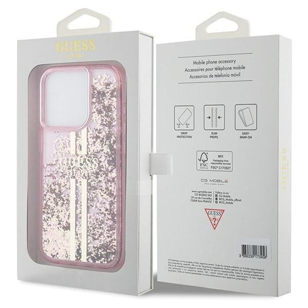 Etui Guess iPhone 15 Pro Liquid Glitter Gold Stripes Różowe - Płynny Brokat