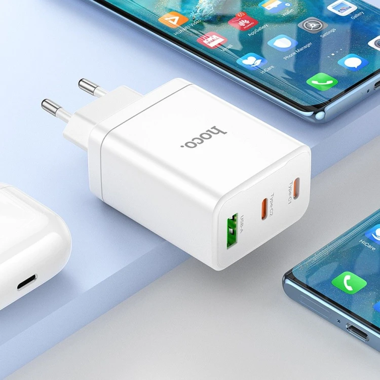 Ładowarka sieciowa Hoco 35W 2x USB-C + USB-A PD QC 3.0 + kabel USB-C 1m biała