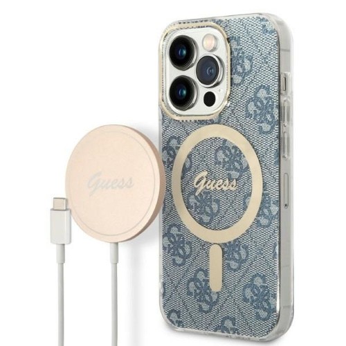 Zestaw Guess iPhone 14 Pro Etui MagSafe + Ładowarka Złoty Niebieski Bundle Pack