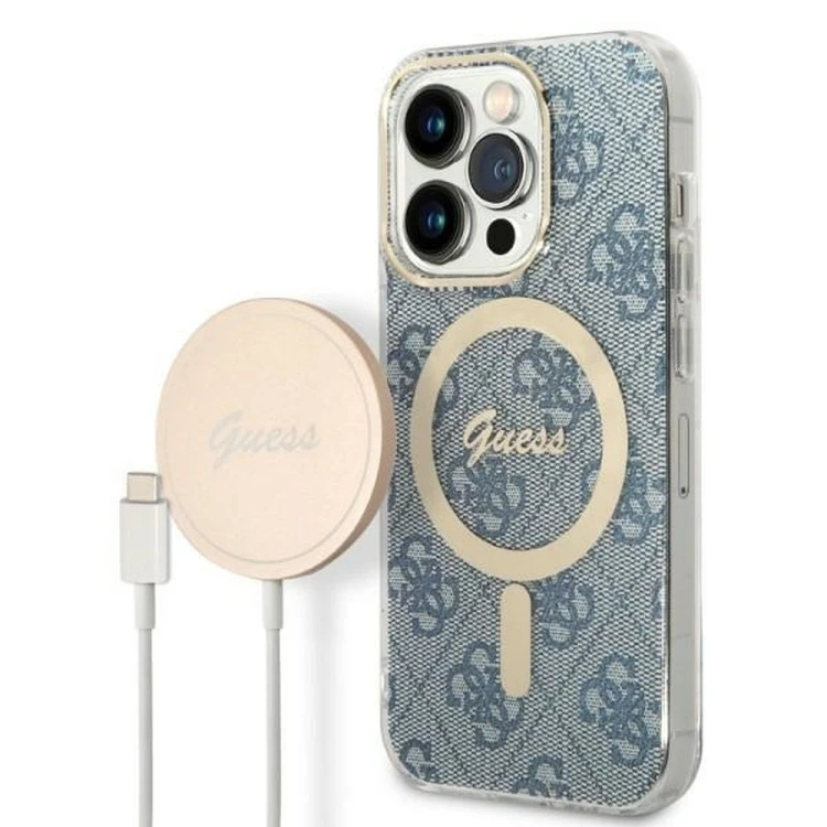 Zestaw Guess iPhone 14 Pro Etui MagSafe + Ładowarka Złoty Niebieski Bundle Pack