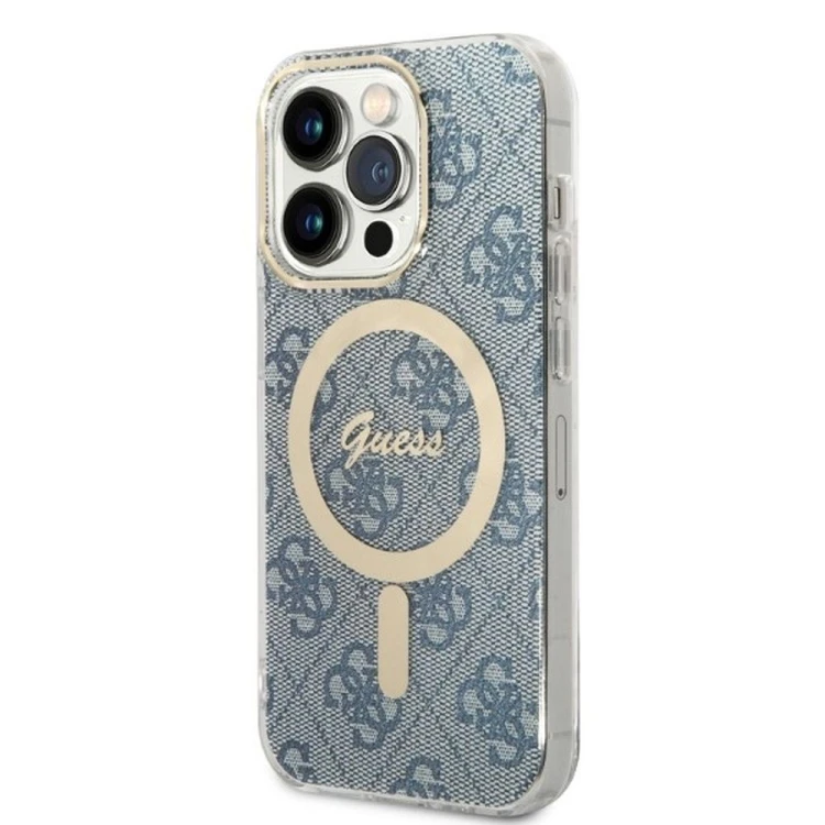 Zestaw Guess iPhone 14 Pro Etui MagSafe + Ładowarka Złoty Niebieski Bundle Pack