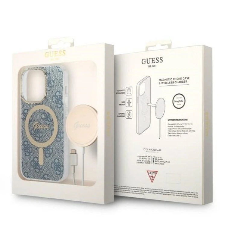 Zestaw Guess iPhone 14 Pro Etui MagSafe + Ładowarka Złoty Niebieski Bundle Pack