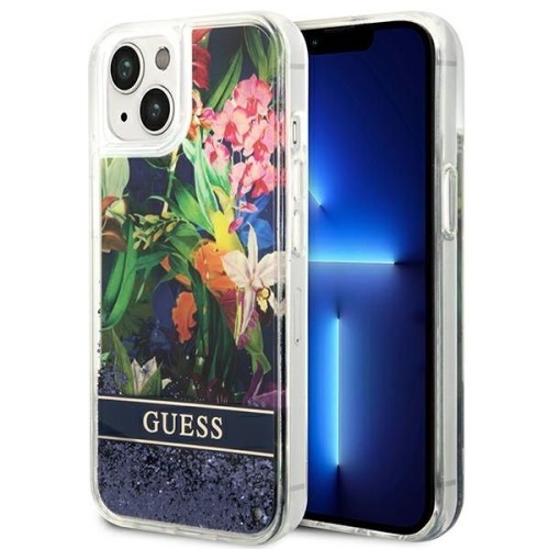 Etui Guess iPhone 15 14 13 Flower Liquid Glitter Niebieskie - Płynny Brokat