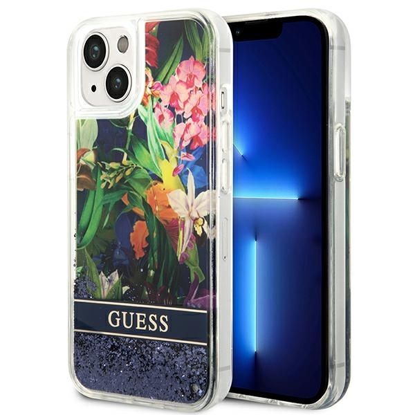 Etui Guess iPhone 15 14 13 Flower Liquid Glitter Niebieskie - Płynny Brokat
