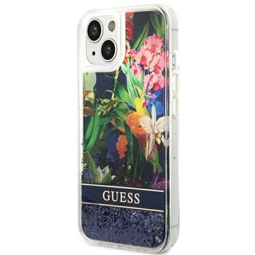 Etui Guess iPhone 15 14 13 Flower Liquid Glitter Niebieskie - Płynny Brokat