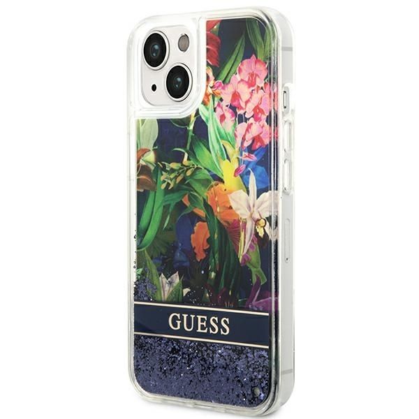 Etui Guess iPhone 15 14 13 Flower Liquid Glitter Niebieskie - Płynny Brokat