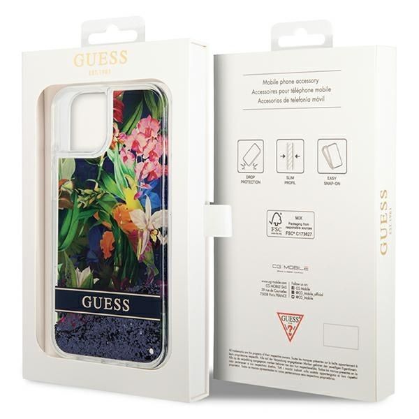 Etui Guess iPhone 15 14 13 Flower Liquid Glitter Niebieskie - Płynny Brokat