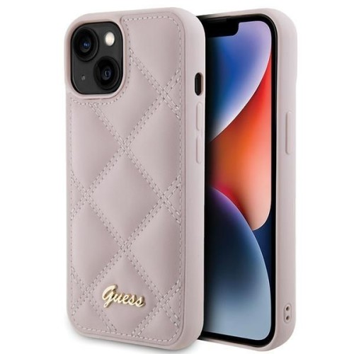 Etui Guess iPhone 15 14 13 Quilted Metal Logo Różowe - Pikowane Skóra