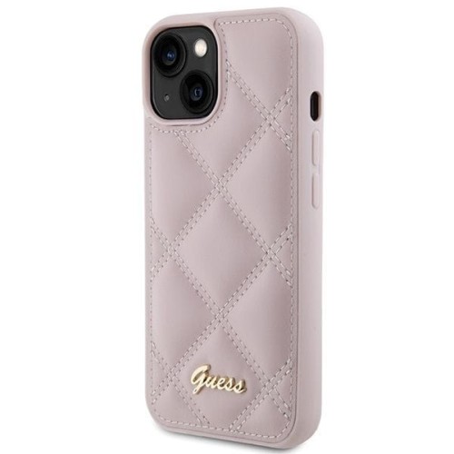 Etui Guess iPhone 15 14 13 Quilted Metal Logo Różowe - Pikowane Skóra
