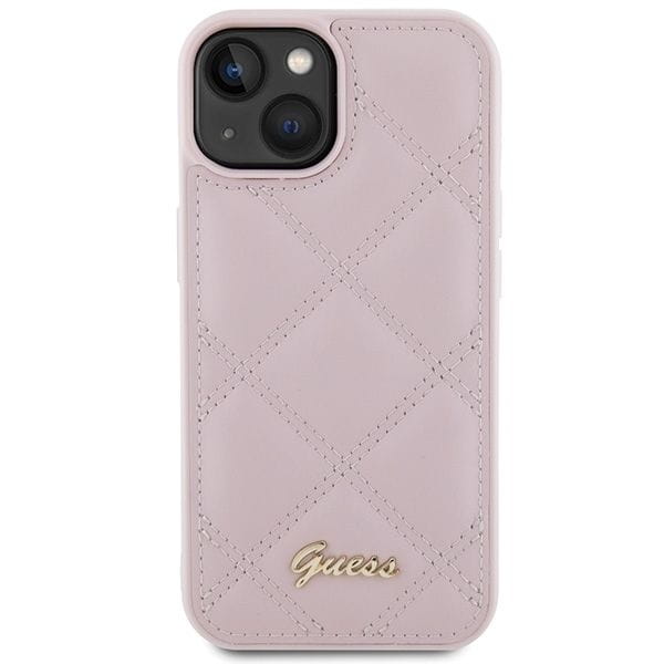 Etui Guess iPhone 15 14 13 Quilted Metal Logo Różowe - Pikowane Skóra