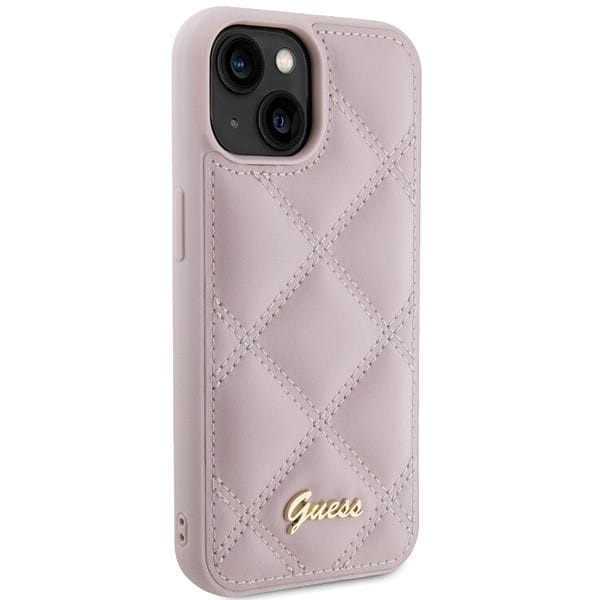 Etui Guess iPhone 15 14 13 Quilted Metal Logo Różowe - Pikowane Skóra