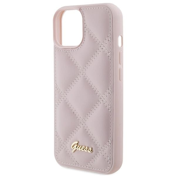 Etui Guess iPhone 15 14 13 Quilted Metal Logo Różowe - Pikowane Skóra