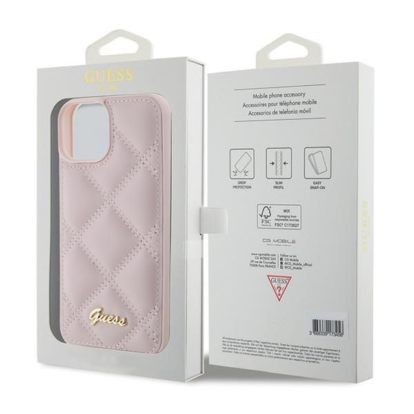 Etui Guess iPhone 15 14 13 Quilted Metal Logo Różowe - Pikowane Skóra