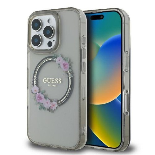Etui Guess iPhone 16 Pro IML Flowers Wreath Czarne - MagSafe Kwiaty