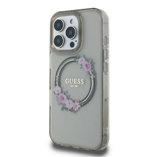 Etui Guess iPhone 16 Pro IML Flowers Wreath Czarne - MagSafe Kwiaty