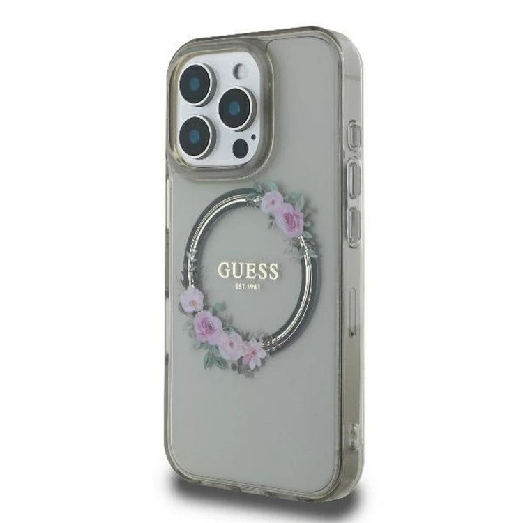 Etui Guess iPhone 16 Pro IML Flowers Wreath Czarne - MagSafe Kwiaty