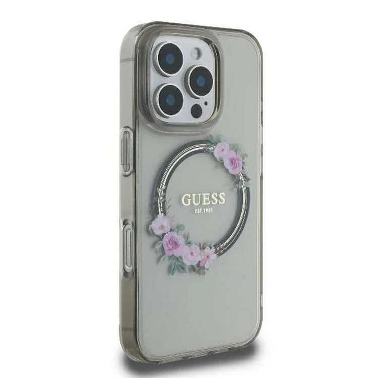 Etui Guess iPhone 16 Pro IML Flowers Wreath Czarne - MagSafe Kwiaty