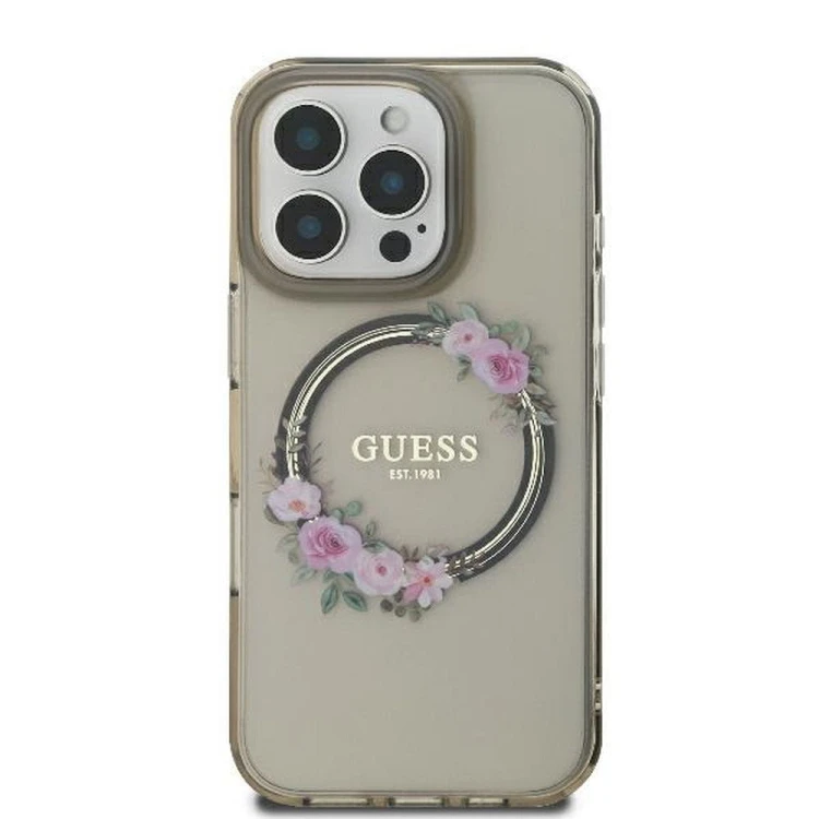 Etui Guess iPhone 16 Pro IML Flowers Wreath Czarne - MagSafe Kwiaty