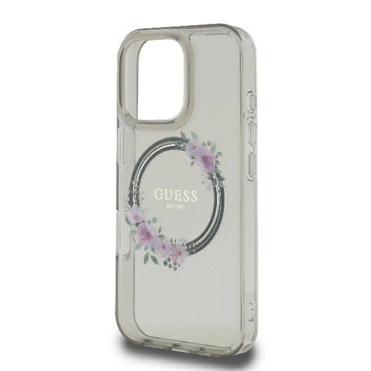 Etui Guess iPhone 16 Pro IML Flowers Wreath Czarne - MagSafe Kwiaty