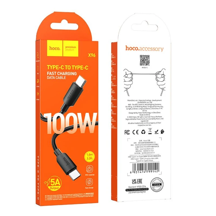 Kabel USB-C do USB-C Hoco X96 100W PD 6A 1m czarny – szybkie ładowanie