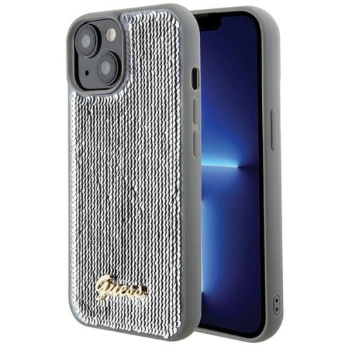 Etui Guess iPhone 15 14 13 Sequin Script Metal Srebrne - Cekiny Blask