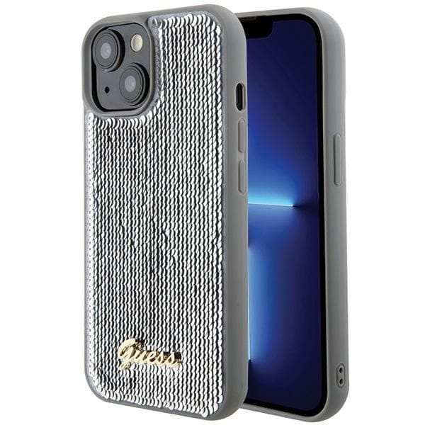 Etui Guess iPhone 15 14 13 Sequin Script Metal Srebrne - Cekiny Blask