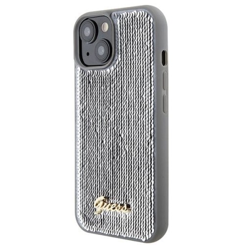 Etui Guess iPhone 15 14 13 Sequin Script Metal Srebrne - Cekiny Blask