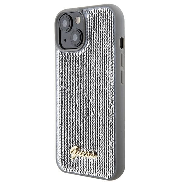 Etui Guess iPhone 15 14 13 Sequin Script Metal Srebrne - Cekiny Blask