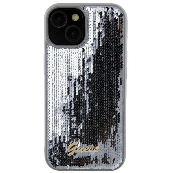 Etui Guess iPhone 15 14 13 Sequin Script Metal Srebrne - Cekiny Blask