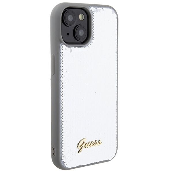 Etui Guess iPhone 15 14 13 Sequin Script Metal Srebrne - Cekiny Blask