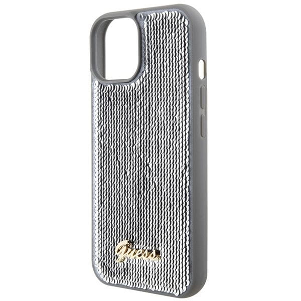 Etui Guess iPhone 15 14 13 Sequin Script Metal Srebrne - Cekiny Blask
