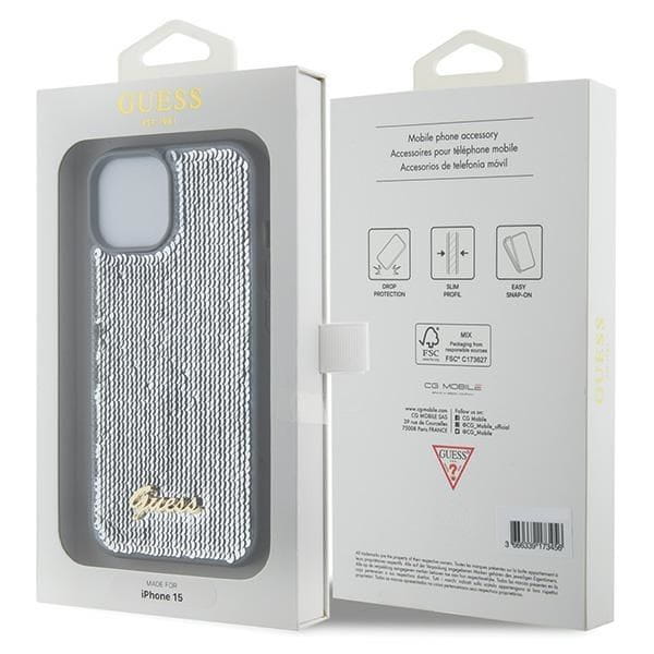 Etui Guess iPhone 15 14 13 Sequin Script Metal Srebrne - Cekiny Blask