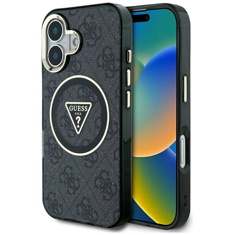 Etui Guess iPhone 16 Metal Glitter 4G Circle Triangle Czarne - MagSafe