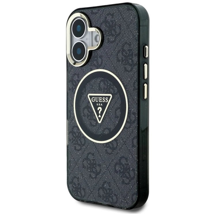 Etui Guess iPhone 16 Metal Glitter 4G Circle Triangle Czarne - MagSafe