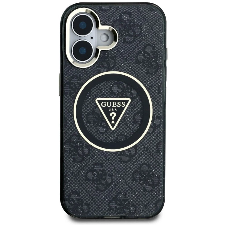 Etui Guess iPhone 16 Metal Glitter 4G Circle Triangle Czarne - MagSafe